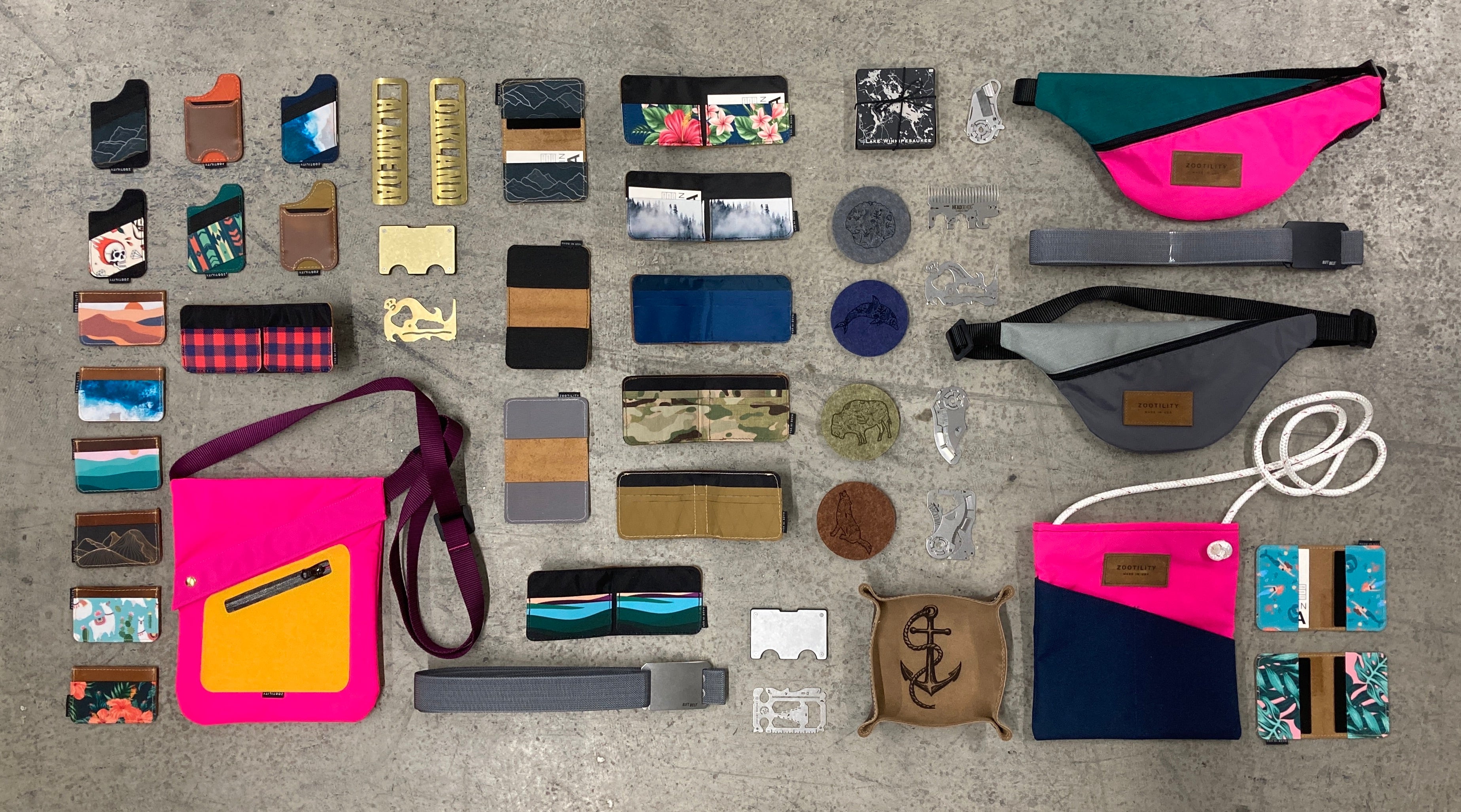 Product layout on concrete floor.