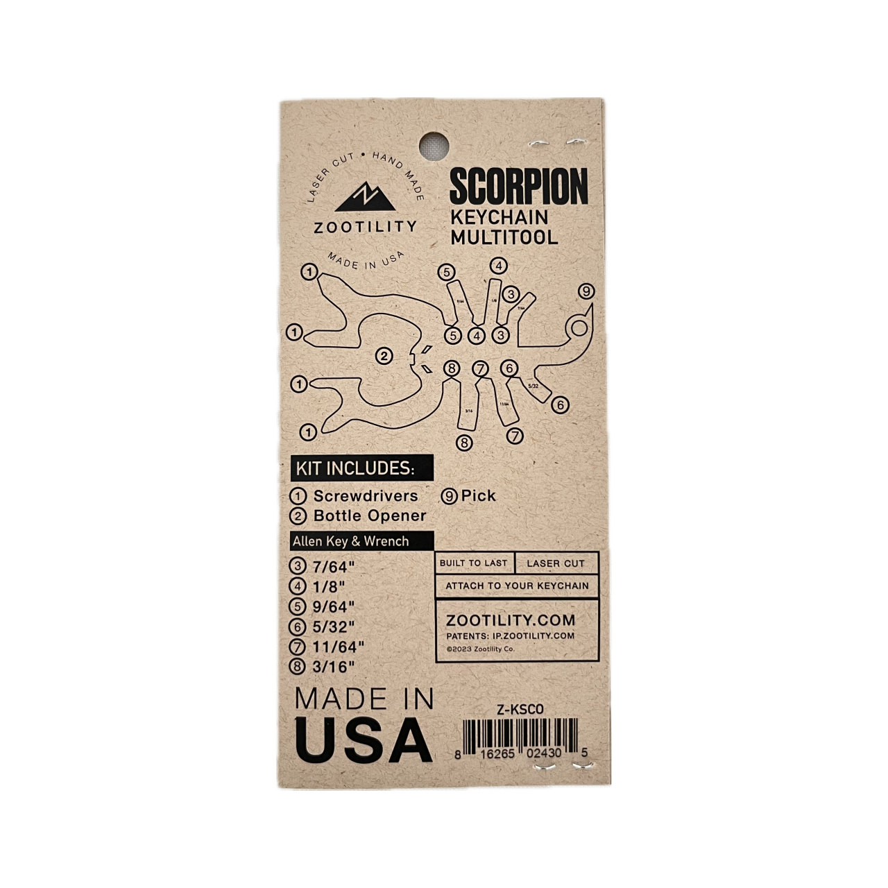 Packaging back of Scorpion Keychain Multi-tool - 18 tools in 1 - Stainless Steel - Made In USA
