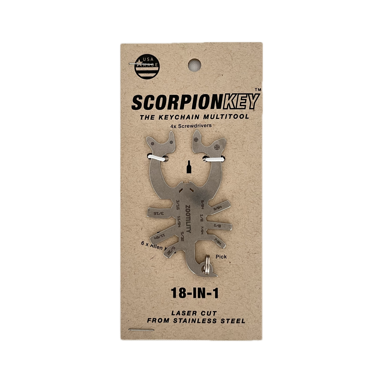 Packaging front of Scorpion Keychain Multi-tool - 18 tools in 1 - Stainless Steel - Made In USA