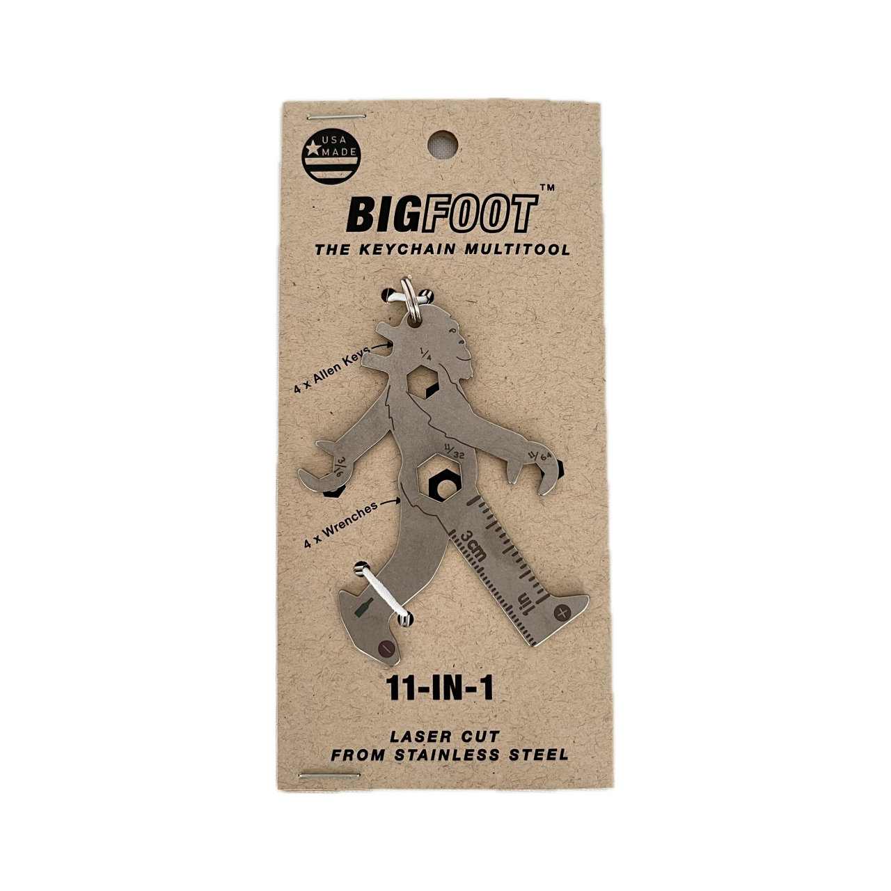 Packaging front of Bigfoot Keychain Multi-tool - 11 tools in 1 Keychain - Stainless Steel - Made In USA