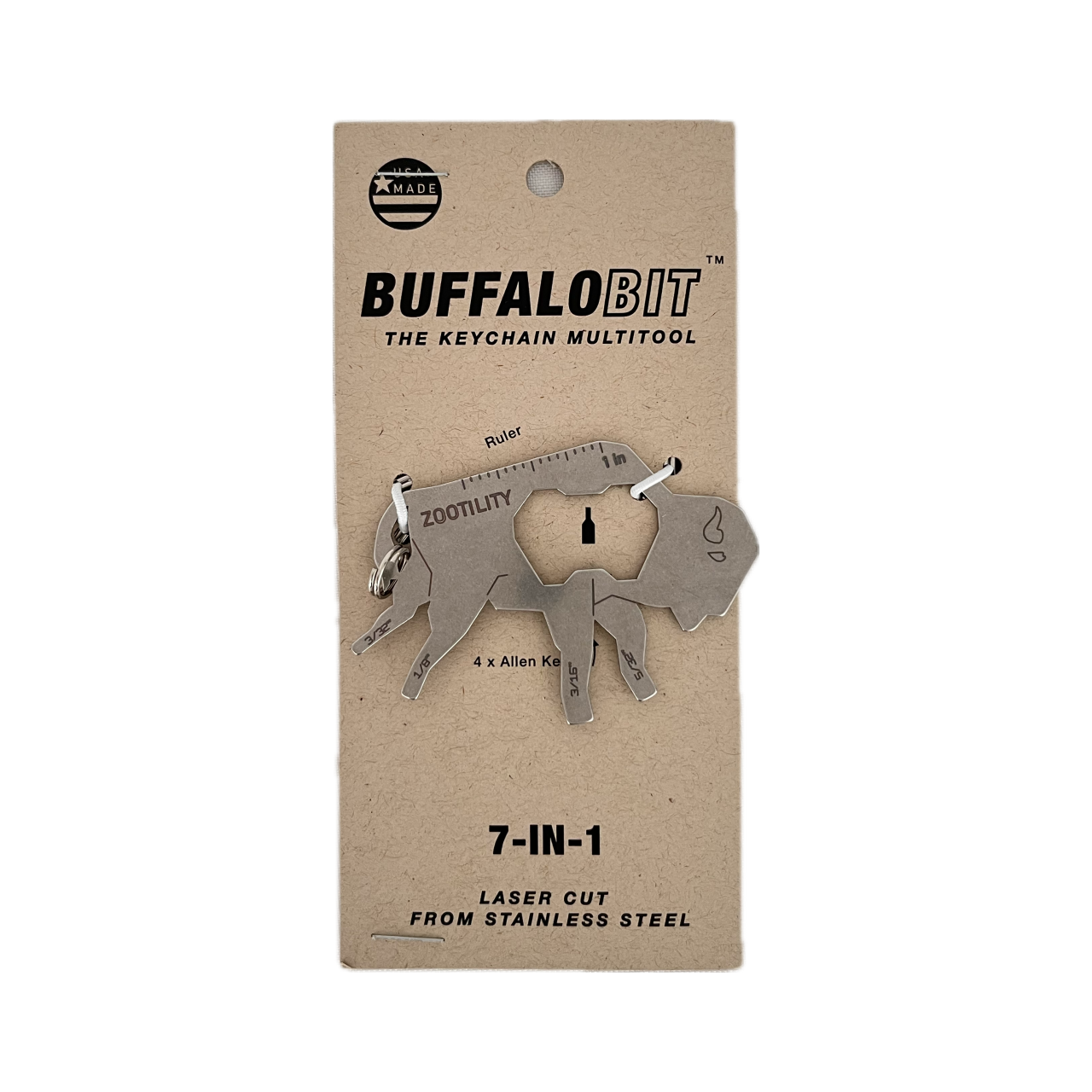 Packaging front of Buffalo-Bit Keychain Multi-tool - 7 tools in 1 keychain - Stainless Steel - Made In USA