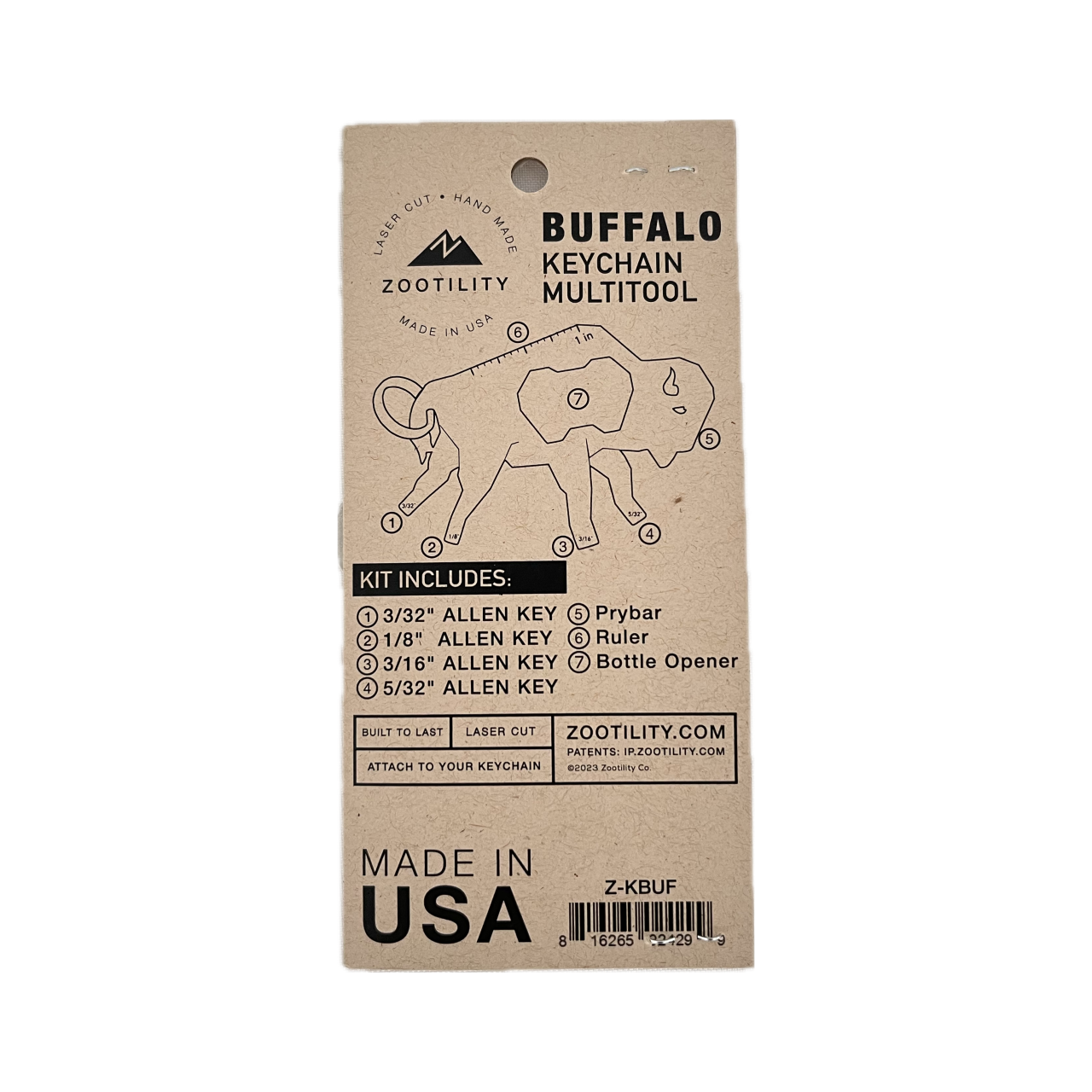 Packaging back of Buffalo-Bit Keychain Multi-tool - 7 tools in 1 keychain - Stainless Steel - Made In USA