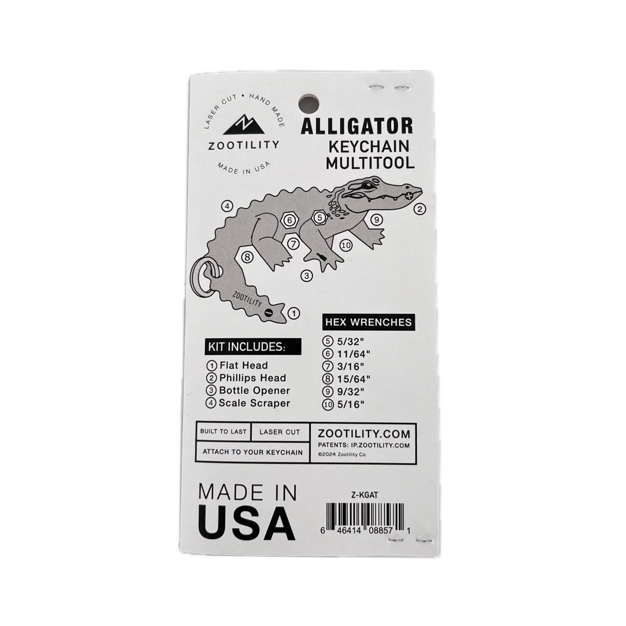 Packaging back of Gator' Done Keychain Multi-tool - 10 tools in 1 keychain - Stainless Steel - Made In USA