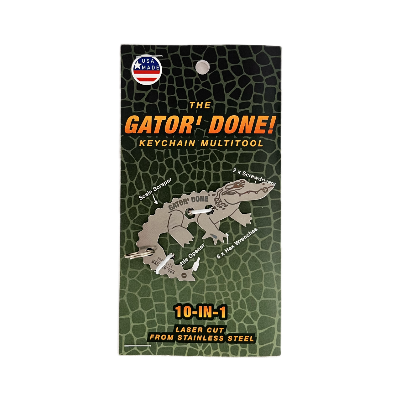 Packaging front of Gator' Done Keychain Multi-tool - 10 tools in 1 keychain - Stainless Steel - Made In USA