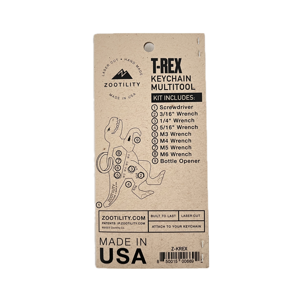 Packaging back of KeyRex (Tyrannosaurus Rex) Keychain Multi-tool - 9 tools in 1 - Stainless Steel - Made In USA