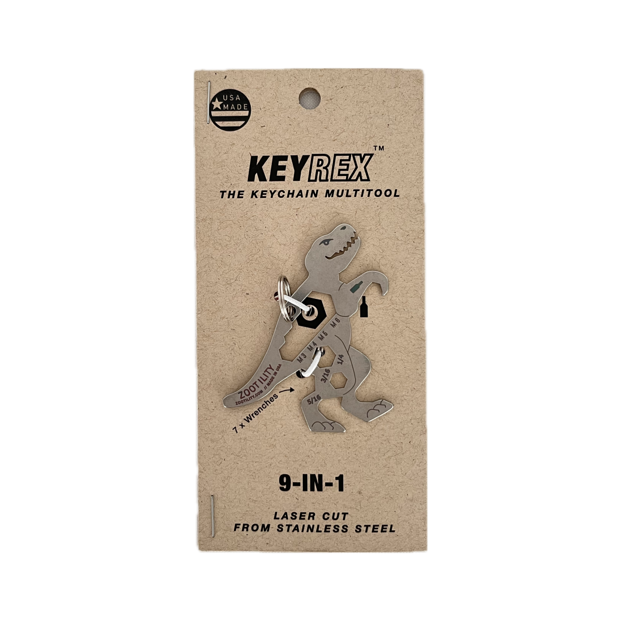 Packaging front of KeyRex (Tyrannosaurus Rex) Keychain Multi-tool - 9 tools in 1 - Stainless Steel - Made In USA