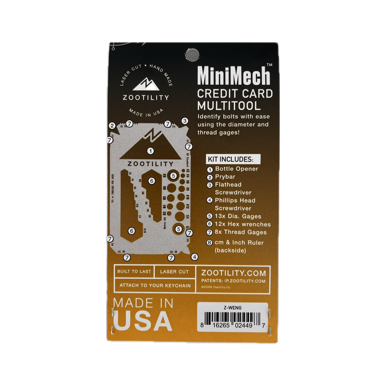 Packaging back of Engineer's MiniMech Tool Card - 39-in-1 Multi-tool that fits in your wallet - Stainless Steel - Made In USA