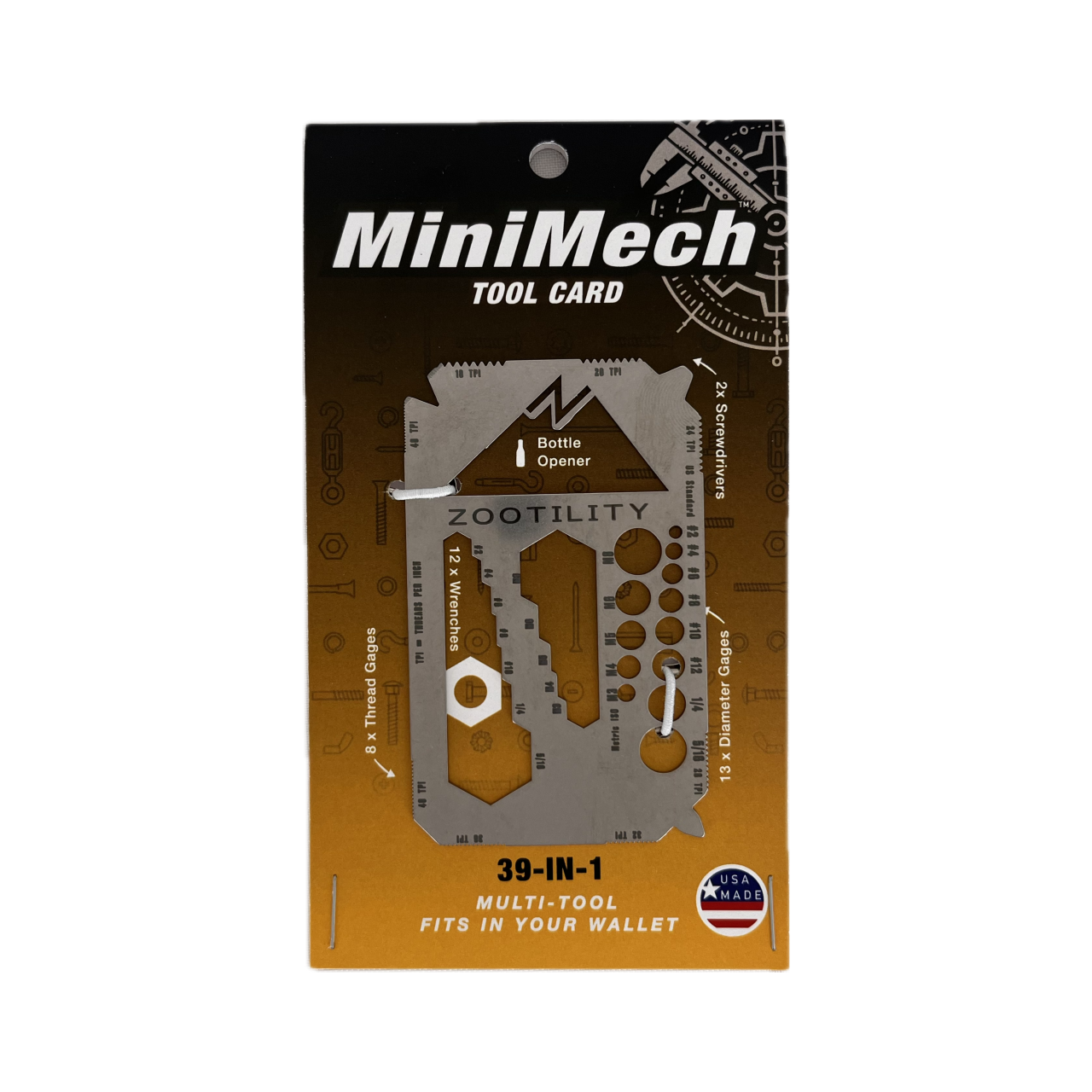 Packaging front of Engineer's MiniMech Tool Card - 39-in-1 Multi-tool that fits in your wallet - Stainless Steel - Made In USA