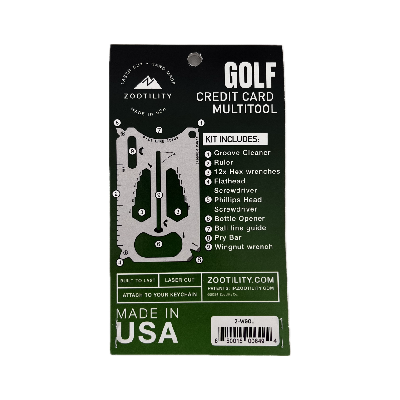 Packaging back of Golf Tool Card - 20-in-1 Multi-tool that fits in your wallet - Stainless Steel - Made In USA