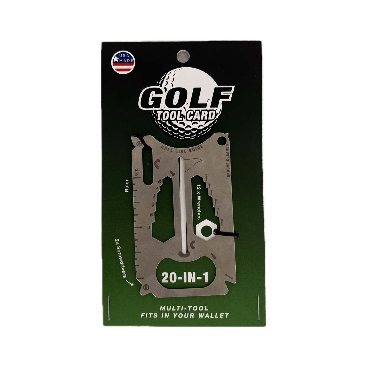 Packaging front of Golf Tool Card - 20-in-1 Multi-tool that fits in your wallet - Stainless Steel - Made In USA