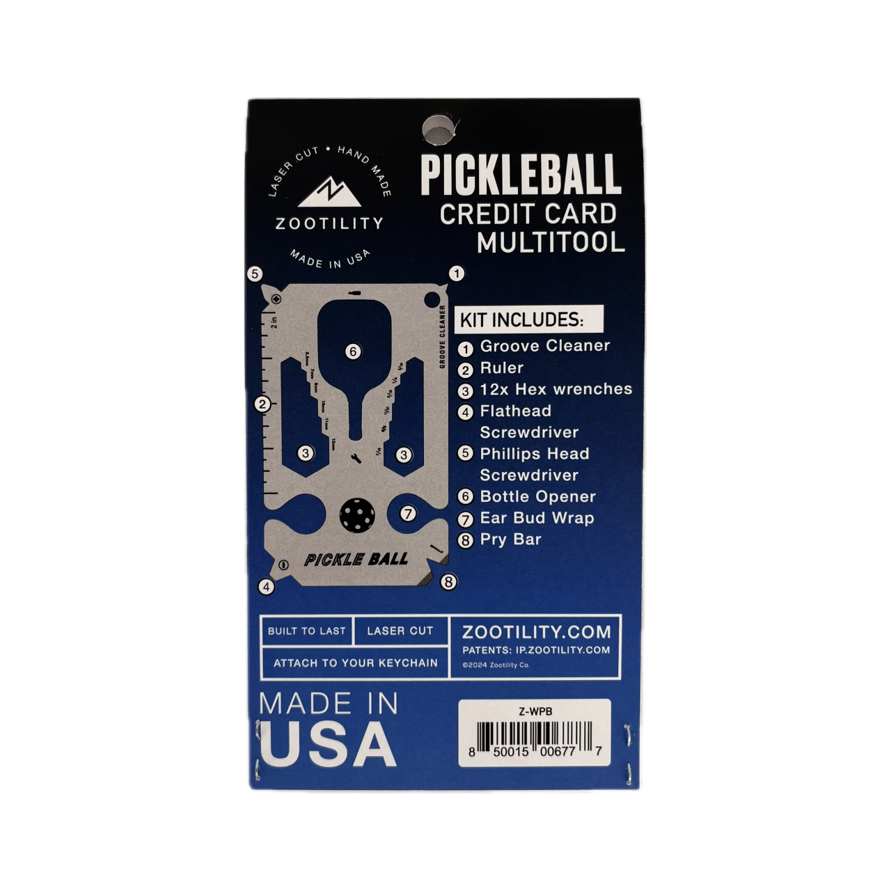 Packaging front of Pickleball Tool Card - 19-in-1 Multi-tool that fits in your wallet - Stainless Steel - Made In USA