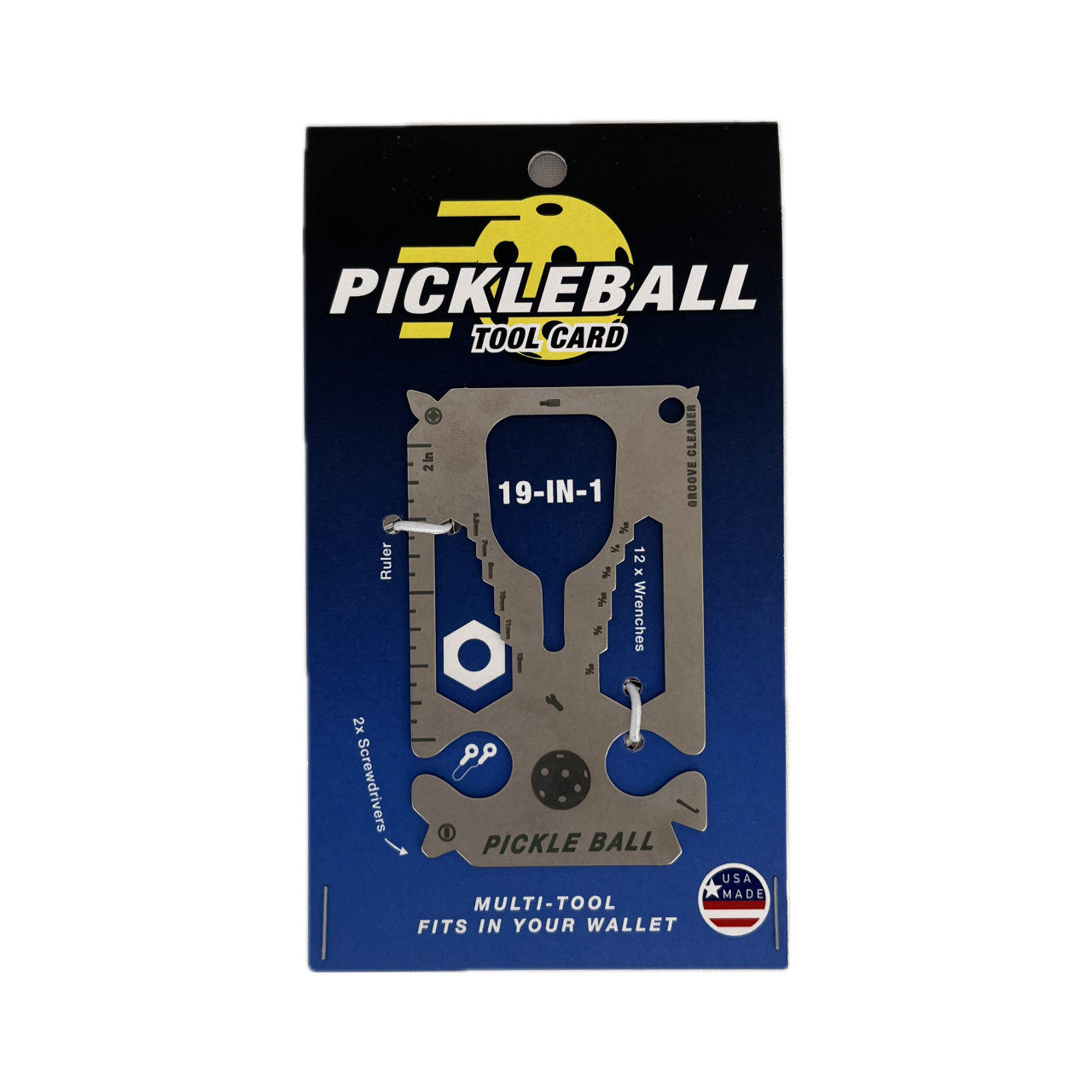 Packaging front of Pickleball Tool Card - 19-in-1 Multi-tool that fits in your wallet - Stainless Steel - Made In USA